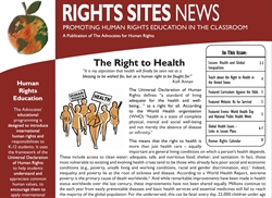 [ai] A newsletter titled 'Rights Sites News' featuring a section on 'The Right to Health.' It includes images of diverse figures, the words 'Human' and 'Health,' and sections discussing human rights education issues and statistics.